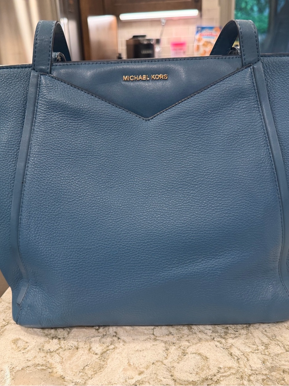 Michael Kors Teal-Blue Leather Tote with Gold Logo